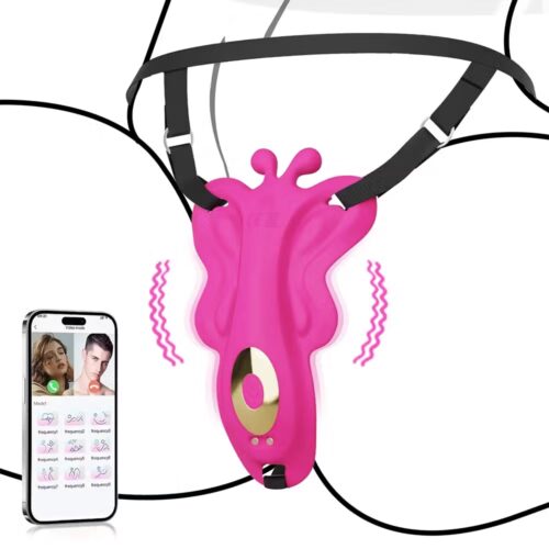 App-controlled T-string panty vibrator with butterfly clitoral stimulator