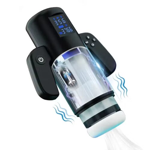 Automatic telescopic male masturbator with ergonomic handle and heated sleeve