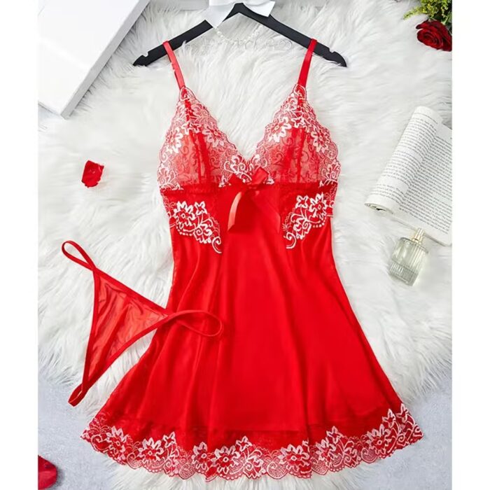 Women’s Erotic Lace Bra Nightdress – Sexy V-Neck Full-Slip Sleepwear Set – Image 6