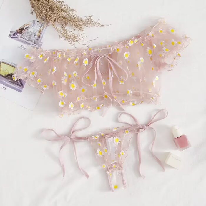 Off-Shoulder Transparent Mesh 2-Piece Summer Lingerie Set – Polka Dot Lace Bra & Strap Pajama – Bild 3