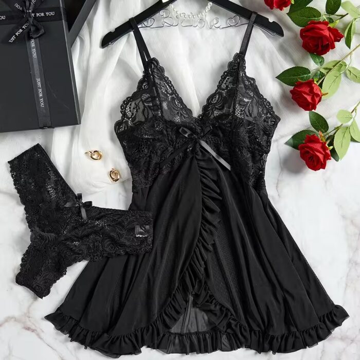 Erotic Transparent Lace Bra & Garter Lingerie Set with Thong – Sexy Hot Sleepwear – Image 4
