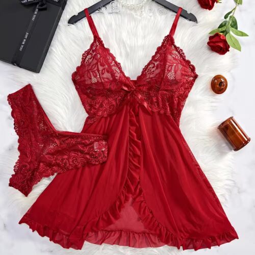 Erotic transparent lace bra and garter belt set with matching thong in red