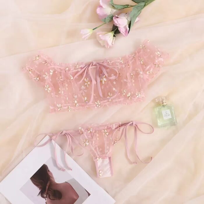 Off-Shoulder Transparent Mesh 2-Piece Summer Lingerie Set – Polka Dot Lace Bra & Strap Pajama – Bild 2
