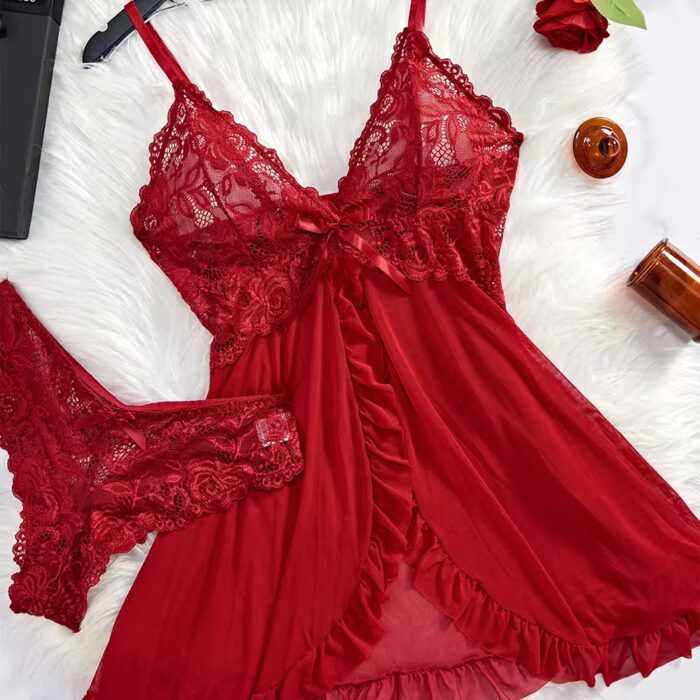 Erotic Transparent Lace Bra & Garter Lingerie Set with Thong – Sexy Hot Sleepwear – Image 2