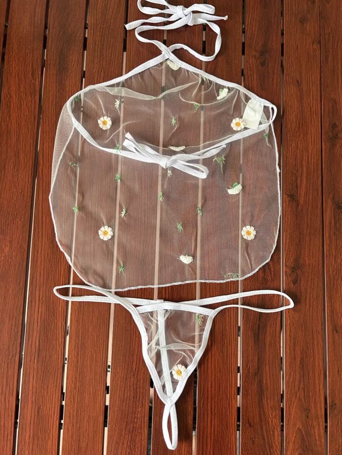 Erotic Transparent Mesh Lingerie Set – Halter Apron Top & G-String Thong Two-Piece Sleepwear – Bild 5