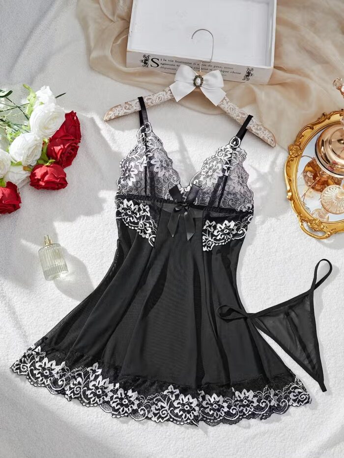 Women’s Erotic Lace Bra Nightdress – Sexy V-Neck Full-Slip Sleepwear Set – Image 4