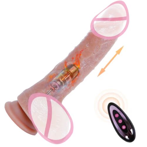 Realistic silicone dildo with suction cup standing upright on white surface