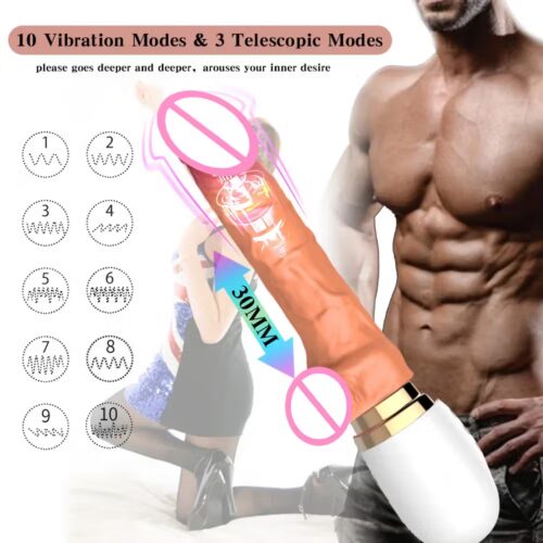 Thrusting telescopic dildo machine with removable silicone shaft on white tiled surface