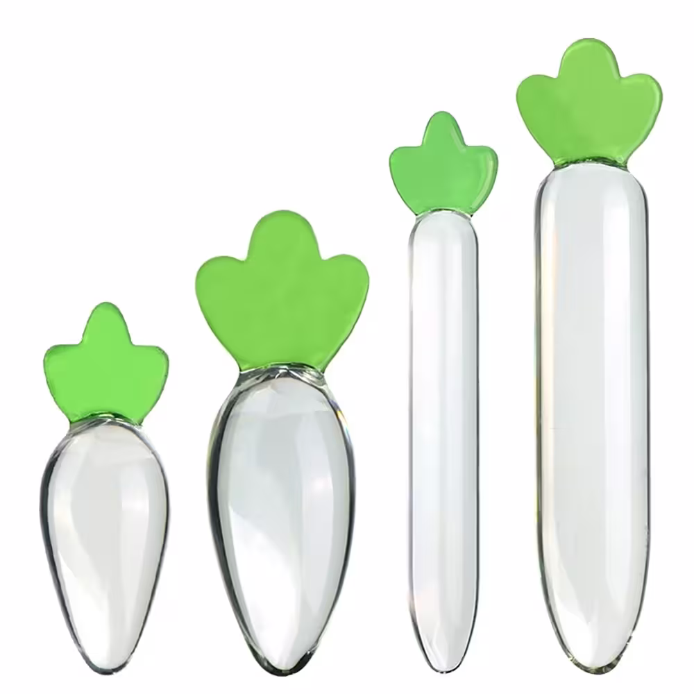 Radish-shaped glass dildo with tapered tip and flared stem base on white background