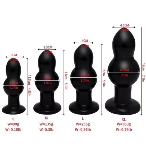 Set of four silicone anal plugs from S (3 cm) to XL (6 cm) with flared bases, arranged diagonally on black background.