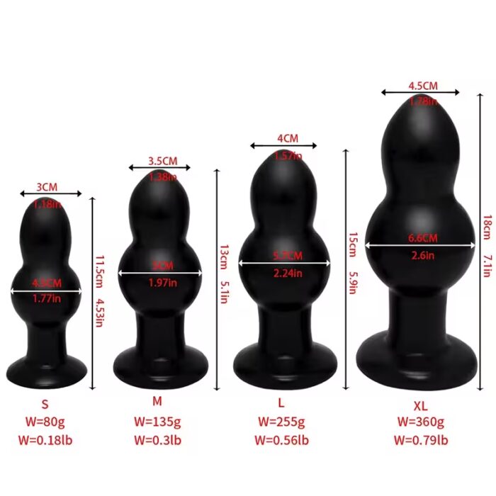Set of four silicone anal plugs from S (3 cm) to XL (6 cm) with flared bases, arranged diagonally on black background.