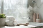 Elegant waterproof vibrator displayed in modern spa bathroom setting with white marble and natural lighting