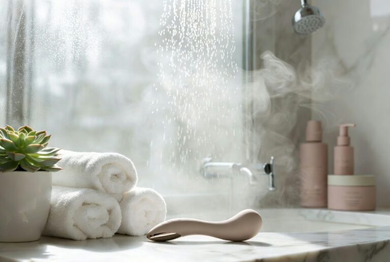 Elegant waterproof vibrator displayed in modern spa bathroom setting with white marble and natural lighting