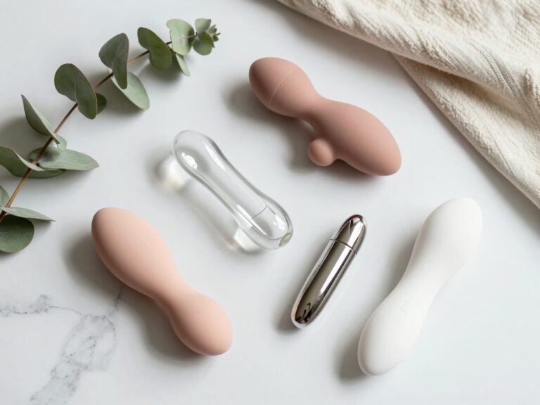 Collection of body-safe sex toys made from medical-grade silicone, glass, and stainless steel displayed on marble surface