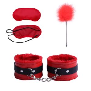 Luxury BDSM bondage kit for couples with soft leather handcuffs, silk blindfold and feather tickler