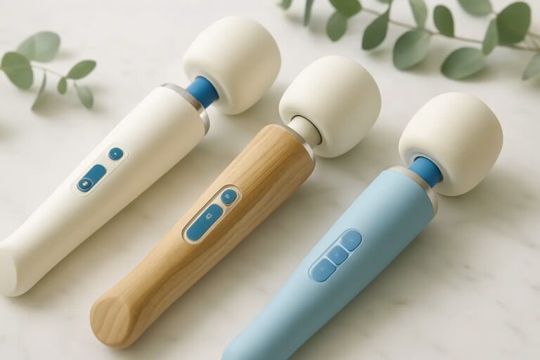 Three Magic Wand vibrator models displayed on marble surface for first-time buyer comparison