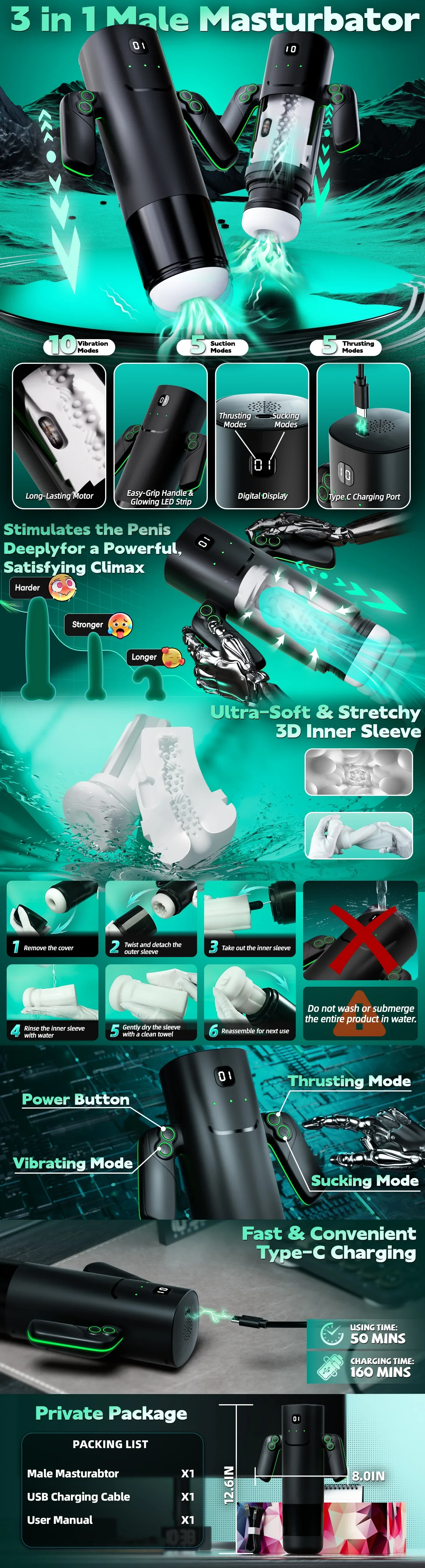 Sucking Thrusting Masturbator 3-in-1 — 10 Vibration + 5 Suction Modes | Double Ergonomic Handle Grip | Detachable TPE Sleeve | Stamina Training | Type-C – AmourToy