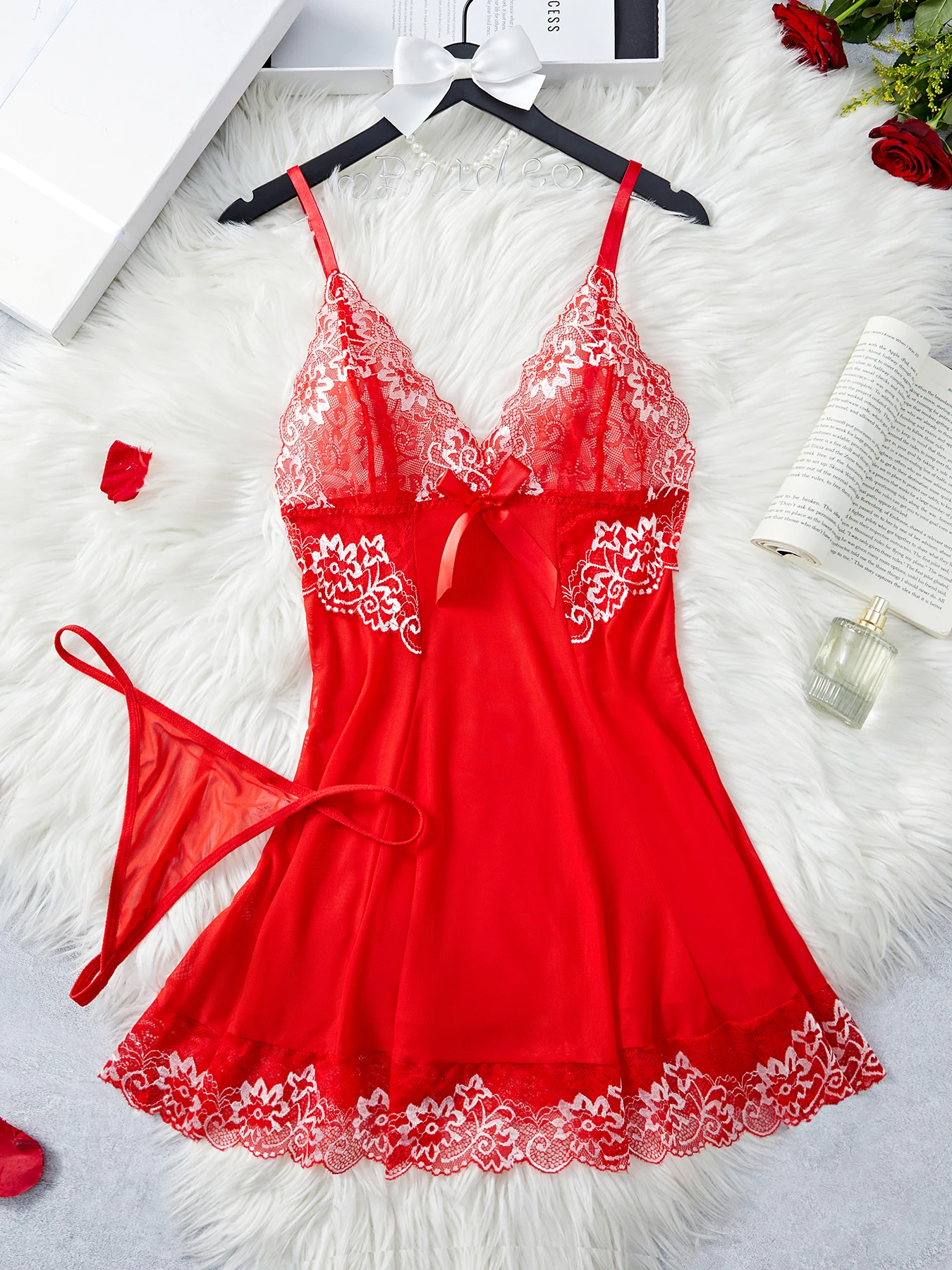 Lace Bra Nightdress Set for Women — Deep V Full-Slip Nightgown & Lace Bra | Soft Microfiber | Adjustable Straps | Romantic, Bridal & Everyday Luxury – AmourToy