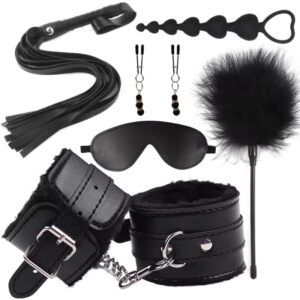 BDSM bondage kit 5-piece leather handcuffs whip satin blindfold nipple clamps silicone anal plug