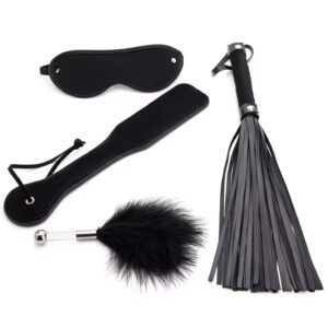 BDSM bondage set 4 piece including PU whip spanking paddle feather stick and satin eye mask