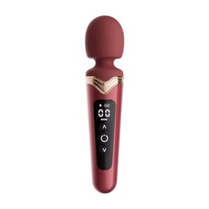 AmourToy heated magic wand vibrator with rotating head and digital display on a white background