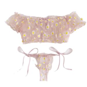 New Arrivals Off shoulder mesh lingerie set with sheer polka-dot top over floral lace bra and matching panty AmourToy