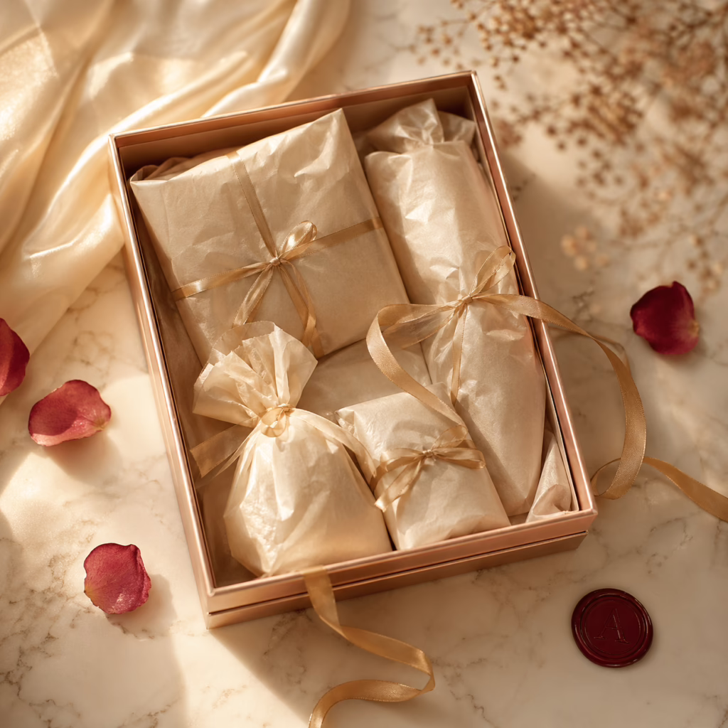 The Couples Starter Kit by AmourToy — a curated 4-piece intimate wellness bundle including a wand vibrator, lubricant, and accessories arranged on a cream marble surface